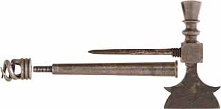 Flint Rifle & Musket Tool,
hand forged knapping hammer, vent pick,
turnscrew, patch worm, and rod extension